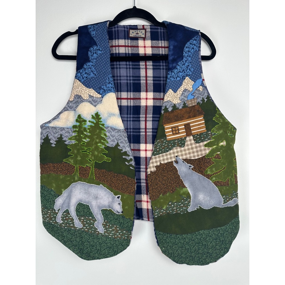 Handmade Quilted Wolf Cabin Eagle Wilderness Plaid Reversible Vest Blue Green